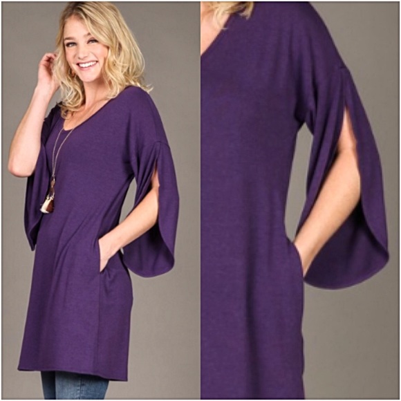 📍SALE Purple Long Relaxed Tunic Tulip Sleeves SM - Picture 3 of 5